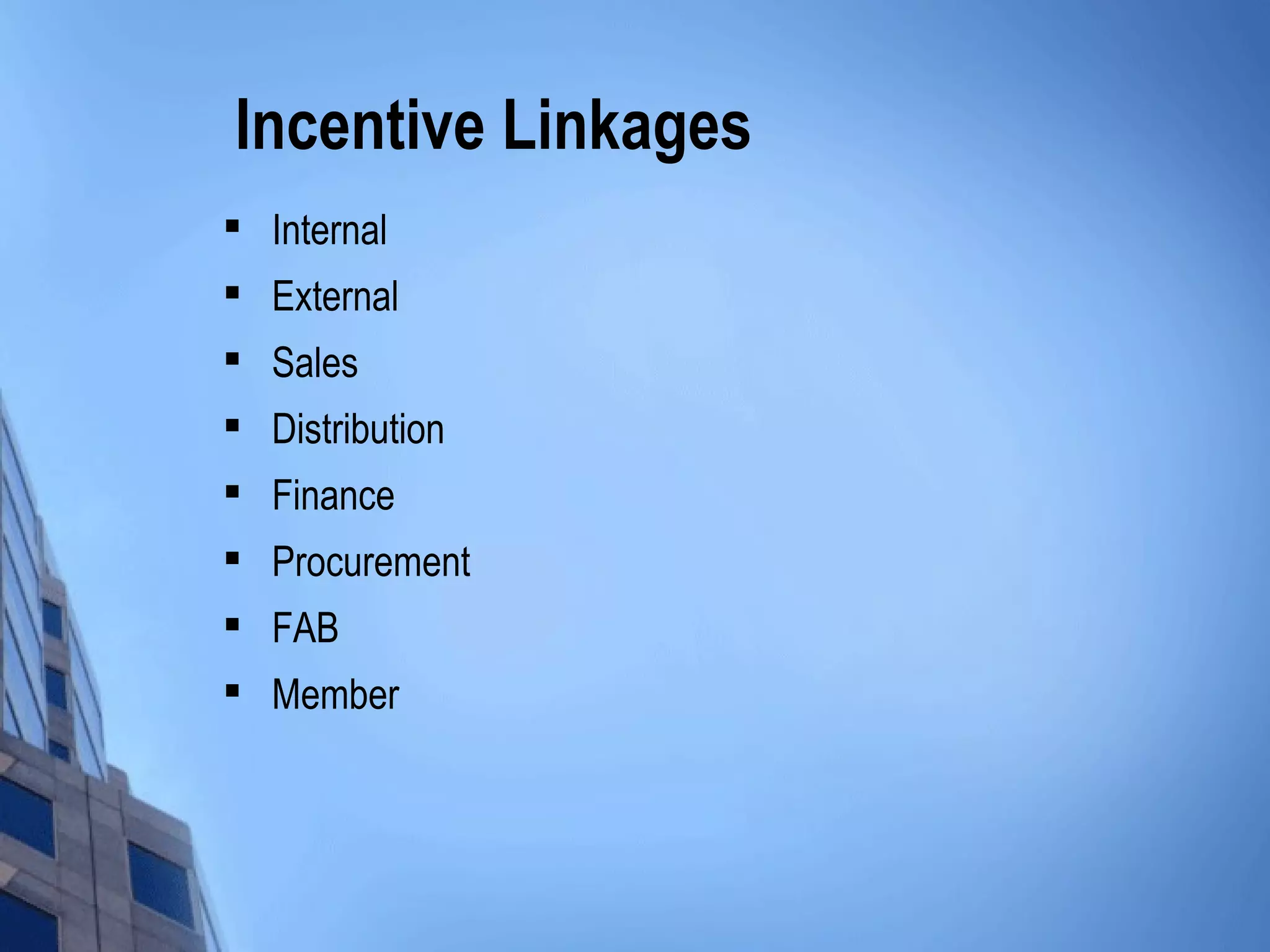 Incentive Linkages

    Internal
   External

    Sales
   Distribution
   Finance
   Procurement
   FAB

    Member
 