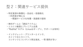 型２：関連サービス提供
・特定資源の無償化・自由化・低価格化
→利用者が増える
→関連サービスを有償・高価格で提供
・無料ゲームと「課金アイテム」
・ニコニコ動画とプレミアム会員
・“RedHat” モデル（Linuxはオープン、サポートは有料）
・インクジェット・プリンターとインク、
カミソリ台とカミソリ、
コンテンツとコンテンツ再生端末、…等 類例が多い
 