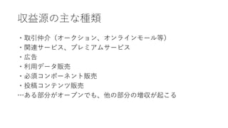 収益源の主な種類
・取引仲介（オークション、オンラインモール等）
・関連サービス、プレミアムサービス
・広告
・利用データ販売
・必須コンポーネント販売
・投稿コンテンツ販売
…ある部分がオープンでも、他の部分の増収が起こる
 