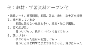 例：教材・学習資料オープン化
・講義ノート、練習問題、動画、図表、素材…数十万点規模
１．機が熟しているか
動画は使えない教室も多い。編集・加工が困難。
２．認知度が低い
見つけづらい、検索エンジンで出てこない
３．使いづらい
学年にあった教材が判別しづらい
見つけたけどPDFで加工できなかった、質が低かった
 