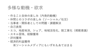 多様な動機・欲求
・作ること自体の楽しみ（内発的動機）
・仲間とのコラボの楽しみ（ソーシャル／社交）
・当事者・関係者としての問題・課題解決
・自己表現
・エコ、地産地消、シェア、地域活性化、脱工業化（規範意識）
・スキル習得、経験獲得
・評判獲得
・経済的利益獲得
※ソーシャルメディアにもいずれもあてはまる
 