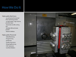 High quality Machinery 20 vertical and horizontal CNC machining centers 10 high-speed , high volume, precision saws Automatic bundle cutting saw Multiple OBI and brake presses Robotic Welders High quality Personnel Sales/Marketing Programming Draftsman Quality Assurance Shipping/Receiving CNC Operators Certified Welders 