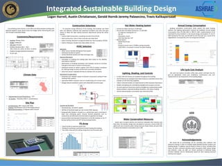 RESEARCH POSTER PRESENTATION DESIGN © 2015
www.PosterPresentations.com
A local Beijing owner desires a new office and administration building with
attached dispatch center which meets the budget while minimizing life cycle
cost through sustainable design.
Premise
Constraints/Requirements
To maximize energy efficiency of the building, the envelope was fitted
with cost effective materials that optimized insulation and solar heat gain
values to offset the high heating demands experienced during the winter
months.
• Exterior Wall Construction: Insulating Concrete Forms (R-24)
• Roof Construction: Cast-in-Place Concrete over Steel Deck
• Rover Covering: Minimum Compliance Roof over Thick Insulation (78 SRI)
• Exterior Windows: Double Pane Glass (SHGC of 0.35)
Construction Selections
LEED
Acknowledgements
We would like to acknowledge IES for providing their software and
extensive training in order to complete highly detailed iterative analysis and
building design. In addition, special thanks to those at Trane, including Tyler
Gesse, for their continued assistance with conceptual HVAC system design
and selection. Lastly, we offer our utmost gratitude to Nathaniel Boyd,
Christian Robledo, and Dr. Muthusamy Swami for their ongoing technical
advising and support.
• Location: Beijing, China
• Budget: $200/sqft.
• Life Cycle: 50 years
• ASHRAE Standard 189.1 - 2011
(90.1-2010, 62.1-2013, 55-2013, 15-2013)
• Dispatch Garage Dedicated Ventilation
• 35,255 sqft.
Logan Harrell, Austin Christianson, Gerald Hornik Jeremy Palavecino, Travis Kalikapersaad
Integrated Sustainable Building Design
Life Cycle Cost Analysis
Annual Energy Consumption
Selections
• Water Source-Variable Refrigerant Flow System
• Dedicated Outside Air System
• Vertical Borehole Geothermal Heat Exchange Loop
HVAC Selection
PV-Array
Based upon occupant density and maximum allowable flush volumes and
flow rates, the baseline design was calculated to consume a total of 482,745
gallons per year. Using the water saving measures shown below, we were able
to reduce the baseline consumption by 91.78%
Water Conservation Measures
Climate Data
Site Plan
• Approximate Ground Temperature: 53°F
• Air Quality: Hazardous PM2.5 concentrations
• Lot Dimensions: 460’ Long by 290’ Wide
• Location: Northeastern area of the Fengtai District
• Optimized Orientation: 13 degrees West of North
Btu
Geothermal Borefield
• Total Boreholes: 30 (350 ft. depth)
• 180 feet of borehole length per ton of total HVAC capacity.
• Geographically, Beijing is situated on a sedimentary basin consisting of
shale rock containing quartz. Ground thermal properties such as
conductivity and diffusivity lend themselves to geothermal design.
• Loop provides entering water temperature to the WS modules at 70.1°F
during cooling months and 42°F during heating months.
1st Floor 18 Tons
2nd Floor 26 Tons
Dispatch Center 3 Tons
Server Room 4 Tons
DOAS 15 Tons
Lighting, Shading, and Controls
• In total, 204 LED fixtures are installed throughout the building.
• All LED fixtures are equipped with radio frequency controlled drivers that
provide a 0-10V dimming capability.
• Indoor motorized shades are implemented to filter excessive illuminance.
• Shades and lighting are controlled by daylight and occupancy sensors.
• To reach optimum illuminance levels of daylight we implemented double
paned windows, improved building orientation, and indoor shading.
• Overall reduced power consumption was reduced by 82%.
Hot Water Heating System
General Information
• Calculation of heating and cooling loads were based on the ASHRAE
Heat Balance Method.
• Optimization of building orientation and envelope served to minimize
heat gains and losses to exterior environment.
• Dedicated outside air system supplies 5335 CFM of outdoor ventilation
air, utilizing energy recovery and demand controlled ventilation.
• Zonal CO2 sensors modulate OA flow to maintain CO2 set points.
Space Type Percent Coverage Square Footage
Vegetation 27.89 37,280.28
Building 13.97 18,369.19
Pavement 53.00 70,713.79
Walkway 5.270 7,036.74
Specialized Considerations
• Dedicated 24/7 dispatch system to prevent unnecessary cycling of main
building HVAC systems.
• Specialized WSHP computer room air-conditioning unit in server room.
• Garage exhaust ventilation system with attachable extraction pipe.
Size (sqft.) Panels (39"x77") Year 1 (kWh) Year 50 (kWh)
Roof 3,983 191
509,601 398,622
Parking Lot 26,923 1,291
• Panels lie flat to maximize system size.
• Parking lot overhang is positioned to avoid shading the building.
• Two meter setup permits selling energy back into the power grid.
• Annual Hot Water Demand: 37,009 kWh
• Annual Solar Hot Water Production: 27,199 kWh
- 12 collectors totaling 49.2 m2
- Tilt: 37°
- Orientation: South
- Inter-Row Spacing: 134”
• Backup System
- Hybrid Heat Pump
- 3.2 EF
- Ducted to server room (~8 MBtu cooling annually)
- 3,022 kWh is consumed in annual hot water heating
Baseline Proposed
Initial Cost $2,007,588.11 $4,405,036.84
50 Year Cost $10,898,796 $6,092,335
Life cycle cost analysis considers utility rates, power sold back into the
grid (as applicable), initial cost, installation, maintenance cost, and
replacement for all components of the building design.
Water Savings Measures
Dual Flush Toilets 135,879 Gallons
Waterless Urinals 936 Gallons
Low Flow Faucets 79,692 Gallons
Harvested Rainwater 199,772 Gallons
Condensate Collected 15,756 Gallons
Total Water Savings 432,035 Gallons
Building orientation, construction, HVAC system, hot water heating
systems, and lighting optimization reduced the building’s annual energy
consumption from 913,482 kWh to 398,711 kWh. Implementation of an
oversized PV array resulted in a net annual energy consumption of -53,177
kWh during the first year, and 89 kWh by the final year (as a result of PV
degradation). Consequently, zero net energy was achieved.
 