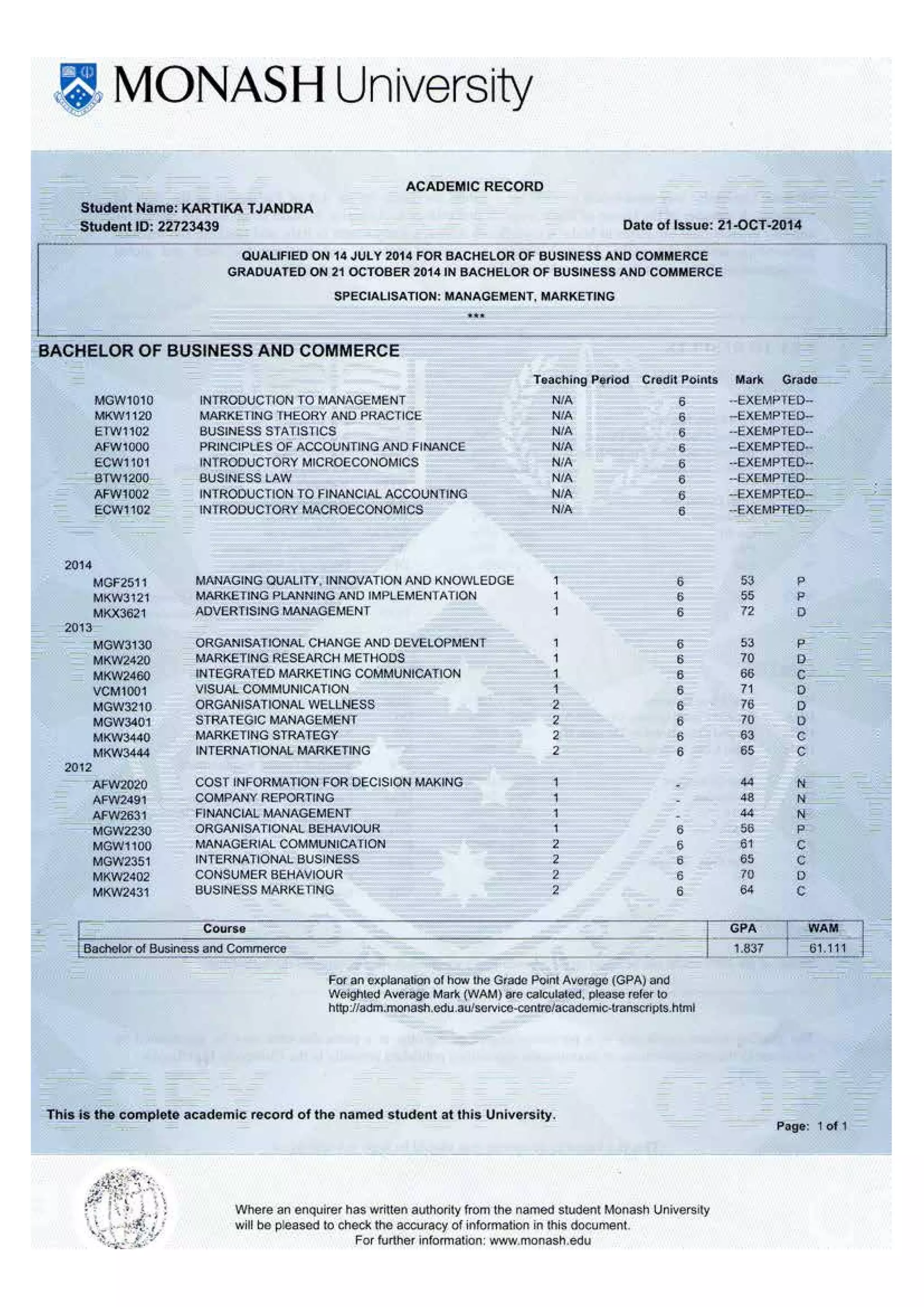 ACADEMIC TRANSCRIPT | PDF