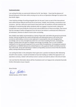 Testimonial Letter from Brian Chrisite