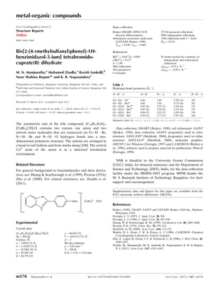 Bis{2-[4-(methylsulfanyl)phenyl]-1H-
benzimidazol-3-ium} tetrabromido-
cuprate(II) dihydrate
M. N. Manjunatha,a
Mohamed Ziaulla,a
Ravish Sankolli,b
Noor Shahina Beguma
* and K. R. Nagasundaraa
a
Department of Chemistry, Bangalore University, Bangalore 560 001, India, and
b
Solid State and Structural Chemistry Unit, Indian Institute of Science, Bangalore 560
012, India
Correspondence e-mail: noorsb@rediffmail.com
Received 15 March 2011; accepted 6 April 2011
Key indicators: single-crystal X-ray study; T = 296 K; mean (C–C) = 0.010 A˚;
R factor = 0.059; wR factor = 0.127; data-to-parameter ratio = 15.1.
The asymmetric unit of the title compound, (C14H13N2S)2-
[CuBr4]Á2H2O, contains two cations, one anion and two
solvent water molecules that are connected via O—HÁ Á ÁBr,
N—HÁ Á ÁBr and N—HÁ Á ÁO hydrogen bonds into a two-
dimensional polymeric structure. The cations are arranged in
a head-to-tail fashion and form stacks along [100]. The central
CuII
atom of the anion is in a distorted tetrahedral
environment.
Related literature
For general background to benzimidazoles and their deriva-
tives, see: Huang  Scarborough et al. (1999); Preston (1974);
Zhu et al. (2000). For related structures, see: Ziaulla et al.
(2011).
Experimental
Crystal data
(C14H13N2S)2[CuBr4]Á2H2O
Mr = 901.86
Triclinic, P1
a = 7.6878 (5) A˚
b = 11.8358 (7) A˚
c = 18.5485 (9) A˚
 = 85.305 (4)
 
