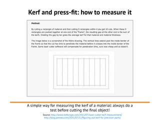 Kerf and press-fit: how to measure it
A simple way for measuring the kerf of a material: always do a
test before cutting the final object!
Source: http://www.redtorope.com/2011/07/laser-cutter-kerf-measurement/
http://blog.ponoko.com/2011/07/12/figuring-out-kerf-for-precision-parts/
 