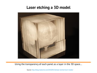 Laser etching a 3D model
Using the transparency of each panel as a layer in the 3D space...
Source: http://blog.makezine.c...