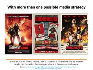 With more than one possible media strategy
Source: http://en.wikipedia.org/wiki/Spy_Kids http://en.wikipedia.org/wiki/Grindhouse_(film)
http://en.wikipedia.org/wiki/Machete_(film)
A side character from a movie, then a trailer of a fake movie inside another
movie, the the trailer becomes popular and becomes a real movie.
 