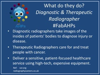 What do they do?
Diagnostic & Therapeutic
Radiographer
#FabAHPs
• Diagnostic radiographers take images of the
insides of patients’ bodies to diagnose injury or
disease.
• Therapeutic Radiographers care for and treat
people with cancer.
• Deliver a sensitive, patient-focused healthcare
service using high-tech, expensive equipment.
Ref: sor.org
radiographycareers.co.uk
 