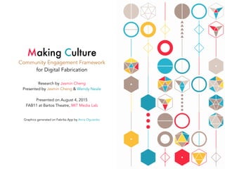 Making Culture
Community Engagement Framework
for Digital Fabrication
!
Research by Jasmin Cheng
Presented by Jasmin Cheng & Wendy Neale
!
Presented on August 4, 2015
FAB11 at Bartos Theatre, MIT Media Lab
Graphics generated on Fabrika App by Anna Oguienko
 