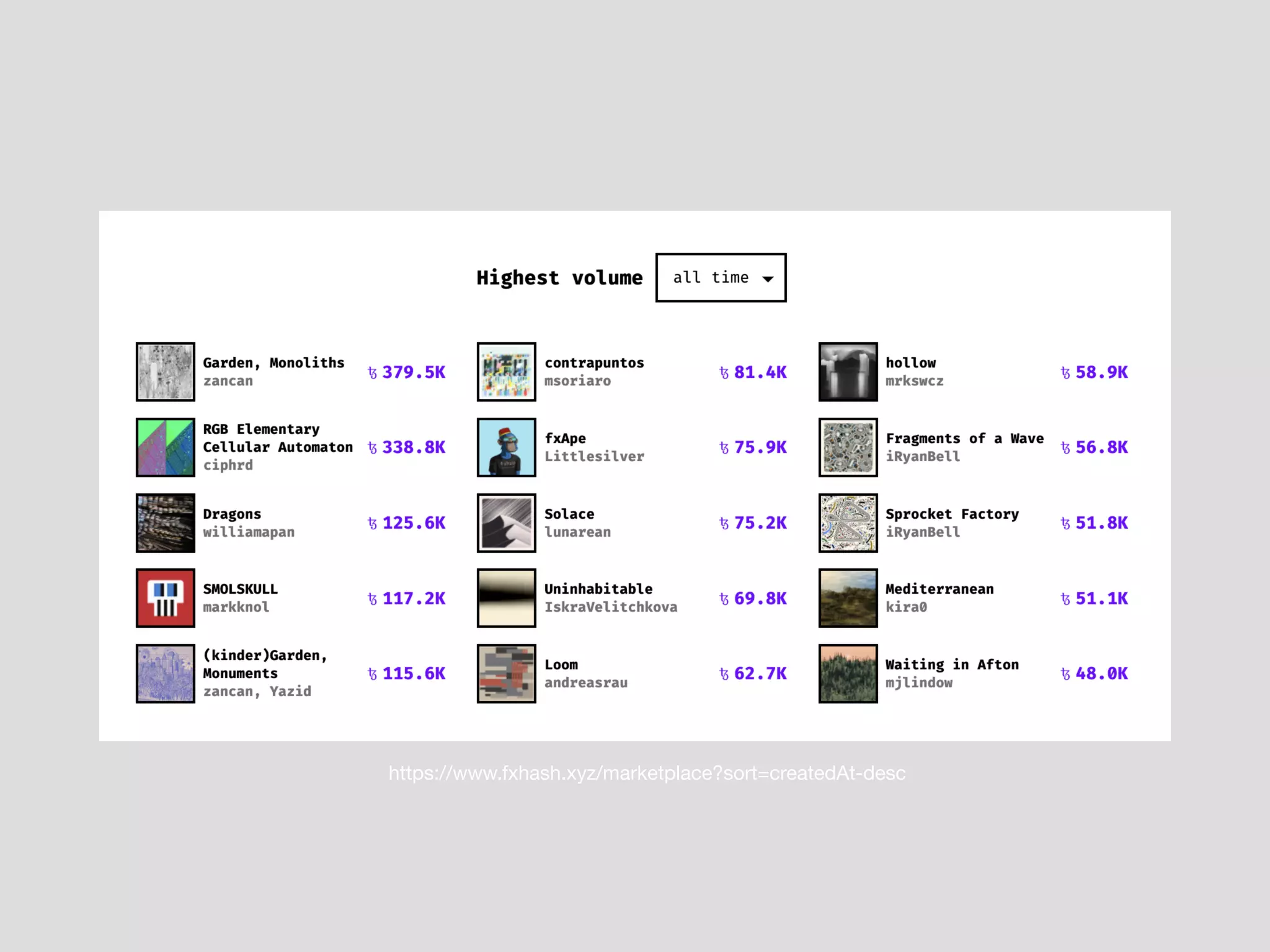 https://www.fxhash.xyz/marketplace?sort=createdAt-desc
 