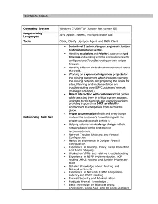 TECHNICAL SKILLS
Operating System Windows 7/UBUNTU/ Juniper Net screen OS
Programming
Languages
Java Applet, RDBMS, Microprocessor Lab
Tools Citrix, Clarify ,Apropos Agent and ININ Client
Networking Skill Set
 SeniorLevel 2 technical support engineerinJuniper
Technical Assistance Centre.
 HandlingescalationsandPriority 1 caseswith rigid
timelinesandworkingwiththe endcustomerswith
configurationof/troubleshootingontheirJuniper
firewalls.
 Handlingdifferentkindsof customersfromall across
the world.
 Working on expansion/migration projects for
the existing customers which includes studying
the existing network and preparing the inputs for
sites, Planning and implementation and
troubleshooting core ISP/Customers’ network
(managed solutions).
 Direct interaction with customers/third parties
while assisting them in critical system outages,
upgrades to the Network and capacity planning
providing support in a 24X7 availability
environment to companies from across the
globe.
 Proper documentationof each and everychange
made on the customer’sfirewall alongwiththe
properlogsand rationale behindit.
 Helpingcustomersmake designchangesintheir
networksbasedonthe bestpractice
recommendations.
 Network Trouble Shooting and Firewall
Configuration
 Hands on experience in Juniper Firewall
configuration
 Experience in Routing, Policy, Deep Inspection
and Traffic Shaping
 Worked on VPN’s and relative troubleshooting
 Experience in NSRP implementation, BGP
routing ,MPLS routing and Juniper Proprietary
tools
 Detailed Knowledge about Routing and
Network protocols
 Experience in Network Traffic Congestion,
Latency and DSCP marking
 Firewall Security and Administration
 Fortigate firewall knowledge .
 basic knowledge on Bluecoat proxy,
Checkpoint, Cisco ASA and on Cisco Scansafe
 