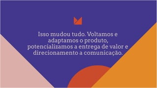 Isso mudou tudo. Voltamos e
adaptamos o produto,
potencializamos a entrega de valor e
direcionamento a comunicação.
 