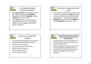 14
Are cooperative banks
government banks?
53
• The cooperative bank is also regulated by the
RBI. They are governed by the Banking
Regulations Act 1949 and Banking Laws (Co-
operative Societies) Act, 1965.
• These banks provide most services such as
savings and current accounts, safe deposit
lockers, loan or mortgages to private and
business customers
How does a cooperative bank
work?
54
• These banks are traditionally centered around
communities, localities and work place groups
and they essentially lend to small borrowers
and businesses. ... They are governed by the
Banking Regulations Act 1949 and Banking
Laws (Co-operative Societies) Act, 1965
Structure of co-operative
banking
55
• The co-operative banking structure in India is
divided into following main 5 categories:
• Primary Urban Co-op Banks
• Primary Agricultural Credit Societies
• District Central Co-op Banks
• State Co-operative Banks
• Land Development Banks
We may distinguish between co-operative
banks and commercial banks on the
following counts:
56
• Commercial banks are joint-stock banks. Co-
operatives banks, on the other hand, are co-
operative organizations.
• Commercial banks are subject to the control
of the Reserve Bank of India directly. Co-
operative banks are subject to the rules laid
down by the Registrar of Co-operative
Societies.
 