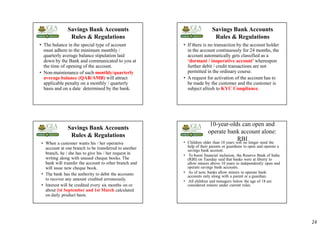 24
Savings Bank Accounts
Rules & Regulations
• The balance in the special type of account
must adhere to the minimum monthly /
quarterly average balance stipulation laid
down by the Bank and communicated to you at
the time of opening of the account.
• Non-maintenance of such monthly/quarterly
average balance (QAB/AMB) will attract
applicable penalty on a monthly / quarterly
basis and on a date determined by the bank.
Savings Bank Accounts
Rules & Regulations
• If there is no transaction by the account holder
in the account continuously for 24 months, the
account automatically gets classified as a
‘dormant / inoperative account’ whereupon
further debit / credit transactions are not
permitted in the ordinary course.
• A request for activation of the account has to
be made by the customer and the customer is
subject afresh to KYC Compliance.
Savings Bank Accounts
Rules & Regulations
• When a customer wants his / her operative
account at one branch to be transferred to another
branch, he / she has to give his / her request in
writing along with unused cheque books. The
bank will transfer the account to other branch and
will issue new cheque book.
• The bank has the authority to debit the accounts
to recover any amount credited erroneously.
• Interest will be credited every six months on or
about 1st September and 1st March calculated
on daily product basis.
10-year-olds can open and
operate bank account alone:
RBI
• Children older than 10 years will no longer need the
help of their parents or guardians to open and operate a
savings bank account.
• To boost financial inclusion, the Reserve Bank of India
(RBI) on Tuesday said that banks were at liberty to
allow minors above 10 years to independently open and
operate savings bank accounts.
• As of now, banks allow minors to operate bank
accounts only along with a parent or a guardian.
• All children and teenagers below the age of 18 are
considered minors under current rules.
 