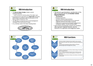32
RBI-Introduction
• The Reserve Bank of India is India's central
banking institution,
– which controls the monetary policy of the Indian rupee.
• It commenced its operations on 1 April 1935 during the
British Rule in accordance with the provisions of the
Reserve Bank of India Act 1934.
• The RBI plays an important part in the Development
Strategy of the Government of India.
• It is a member bank of the Asian Clearing Union.
125
RBI-Introduction
• The general superintendence and direction of the
RBI is entrusted with the 21-member Central
Board of Directors:
– The Governor ,
– 4 Deputy Governors,
– 2 Finance Ministry representatives,
– 10 government-nominateddirectors to represent
important elements from India's economy,
– 4 directors to represent local boards headquartered
at Mumbai, Kolkata, Chennai and New Delhi.
• Each of these local boards consists of 5 members
who represent regional interests, and the
interests of co-operative and indigenous banks.
126
RBI
Functions
Issueof Bank
Notes
Banker’s
Bank
Banker to
Government
Lender of Last
Resort
Central
Clearance and
Accounts
Settlement
Controller of
Credit
Custodian of
Country’s
Foreign
Currency
Reserves
Custodian of
Cash Reserves
of Commercial
Banks
127
Issue of
Bank Notes
• TheReserve Bank of India has the sole right to issue currency
notes except one rupee notes which are issued by the Ministry of
Finance.
• Currency notes issued by the Reserve Bank are declared
unlimited legal tender throughout the country.
Banker to
Government
• As banker to the government the Reserve Bank manages the banking
needs of the government.
• It has to-maintain and operate the government’s deposit accounts.
• It collects receipts of funds and makes payments on behalf of the
government.
• It representsthe Government of India as the member of the IMF and
the World Bank.
128
RBI-Functions
 
