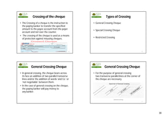 38
Crossing of the cheque
• The Crossing of a cheque is the instruction to
the paying banker to transfer the specified
amount to the payee account from the payer
account and not over the counter.
• The crossing of the cheque is used as a means
of protection against misusing cheques.
149
Types of Crossing
• General Crossing Cheque
• Special Crossing Cheque
• Restricted Crossing
150
General Crossing Cheque
• In general crossing, the cheque bears across
its face an addition of two parallel transverse
lines and/or the addition of words ‘and Co.’ or
‘not negotiable’ between them.
• In the case of general crossing on the cheque,
the paying banker will pay money to
any banker.
151
General Crossing Cheque
• For the purpose of general crossing
two transverse parallel lines at the corner of
the cheque are necessary.
152
 