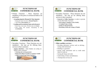 9
FUNCTIONS OF
COMMERCIAL BANK
• Primary Functions : These functions are
mandatory on the parts of commercial banks to be
performed :
– Accepting deposits (Demand & Time deposits)
• Savings & Current Accounts ( Demand Deposits )
• FDs & RDs (Time deposits ) etc
– Lending and investments( loans and advances)
• Home loans, Auto Loans, Personal Loans etc (Loans)
• Cash Credit, OD account, Discounting of bills
etc.(Advances)
33 34
FUNCTIONS OF
COMMERCIAL BANK
• Secondary Functions : These functions are not
mandatory , but may go for offering these
services to their customers.
– General or Utility functions: in order to provide
several other kinds of services
• Safe keeping of valuables( Locker facility)
• Arranging foreign exchange
• Issuing of credit instruments
• Discounting of bills and exchange of Hundis.
35
FUNCTIONS OF
COMMERCIAL BANK
• Secondary Functions : These functions are not
mandatory , but may go for offering these
services to their customers.
– Agency functions : when bankers are acting on
behalf of their customers.
• Collecting and receiving payments
• Buying and selling of securities on customers’ behalf.
• Acting as trustees( also Trustee functions )
36
FUNCTIONS OF
COMMERCIAL BANK
• Other ancillary services :
– Providing informative services such as advising ,
issuing credit instruments.
– Standing as a guarantor.
– Issuing credit instruments such as credit cards,
letters of credit etc
– Issuing gift cheque and cards.
– Underwriting of shares and debentures.
– Clearing house services etc
 