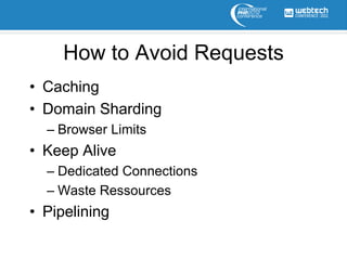 How to Avoid Requests
• Caching
• Domain Sharding
  – Browser Limits
• Keep Alive
  – Dedicated Connections
  – Waste Ressources
• Pipelining
 