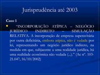 Jurisprudência até 2003
Caso 1
      “INCORPORAÇÃO ATÍPICA – NEGÓCIO
  JURÍDICO         INDIRETO          –      SIMULAÇÃO
  RELATIVA. A incorporação de empresa superavitária
  por outra deficitária, embora atípica, não é vedada por
  lei, representando um negócio jurídico indireto, na
  medida em que, subjacente a uma realidade jurídica, há
  uma realidade econômica não vedada (...).” (Ac nº. 103-
  21.047, 16/10/2002)
 