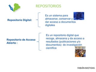 REPOSITORIOS

                            Es un sistema para
Repositorio Digital:        almacenar, conservar y
                            dar acceso a documentos
                            digitales


                            Es un repositorio digital que
Repositorio de Acceso       recoge, almacena y da acceso a
Abierto :                   resultados (publicaciones y/o
                            documentos) de investigación
                            científica




                                                      FABIÁN BASTIDAS
 
