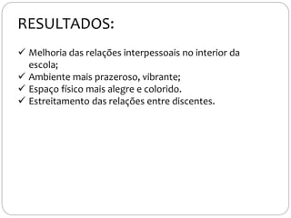  Melhoria das relações interpessoais no interior da
escola;
 Ambiente mais prazeroso, vibrante;
 Espaço físico mais alegre e colorido.
 Estreitamento das relações entre discentes.
RESULTADOS:
 