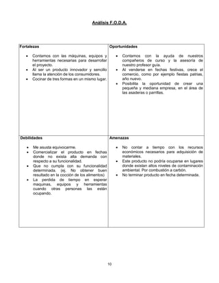 Análisis F.O.D.A.




Fortalezas                                         Oportunidades

      Contamos con las máquinas, equipos y                Contamos con la ayuda de nuestros
       herramientas necesarias para desarrollar             compañeros de curso y la asesoría de
       el proyecto.                                         nuestro profesor guía.
      Al ser un producto innovador y sencillo             Al venderse en fechas festivas, crece el
       llama la atención de los consumidores.               comercio, como por ejemplo fiestas patrias,
      Cocinar de tres formas en un mismo lugar.            año nuevo.
                                                           Posibilita la oportunidad de crear una
                                                            pequeña y mediana empresa, en el área de
                                                            las asaderas o parrillas.




Debilidades                                        Amenazas

      Me asusta equivocarme.                              No contar a tiempo con los recursos
      Comercializar el producto en fechas                  económicos necesarios para adquisición de
       donde no exista alta demanda con                     materiales.
       respecto a su funcionalidad.                        Este producto no podría ocuparse en lugares
      Que no cumpla con su funcionalidad                   donde existan altos niveles de contaminación
       determinada. (ej. No obtener buen                    ambiental. Por combustión a carbón.
       resultado en la cocción de los alimentos)           No terminar producto en fecha determinada.
      La perdida de tiempo en esperar
       maquinas, equipos y herramientas
       cuando otras personas las están
       ocupando.




                                                   10
 