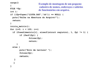 carga() { FILE *fp; int i; if ((fp=fopen(“LISTA.DAT”,”rb”)) == NULL) { puts(“Falha na Abertura do Arquivo!”); return; } inicia_matriz(); for (i=0; i < 100; i++) if (fread(&matriz[i], sizeof(struct registro), 1, fp) != 1) { if (feof(fp)) { fclose(fp); return;   } else { puts(“Erro de Leitura!  “); fclose(fp); return; } }   } Exemplo de montagem de um pequeno cadastro de nomes, endereços e salários  de funcionários em arquivo. 
