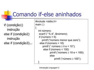 Comando if-else aninhados if (condição1) instrução else if (condição2) instrução else if (condição3)... #include <stdio.h>  main ( ) { int número; scanf (“ % d”, &número);    if (número < 0) printf (“número menor que zero”); else if (número < 10) printf (“ número    e < 10”); else if (número < 100)   printf (“número    10 e < 100);   else   printf (“número   100”); } 