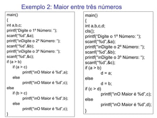 Exemplo 2: Maior entre três números main() { int a,b,c; printf(“Digite o 1º Número: “); scanf(“%d”,&a); printf(“\nDigite o 2º Número: “); scanf(“%d”,&b); printf(“\nDigite o 3º Número: “); scanf(“%d”,&c); if (a > b) if (a > c) printf(“\nO Maior é %d”,a); else  printf(“\nO Maior é %d”,c); else  if (b > c) printf(“\nO Maior é %d”,b); else  printf(“\nO Maior é %d”,c); }   main() { int a,b,c,d; cls(); printf(“Digite o 1º Número: “); scanf(“%d”,&a); printf(“\nDigite o 2º Número: “); scanf(“%d”,&b); printf(“\nDigite o 3º Número: “); scanf(“%d”,&c); if (a > b) d = a; else d = b; if (c > d) printf(“\nO Maior é %d”,c); else printf(“\nO Maior é %d”,d); }   