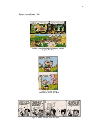 29




Alguns exemplos de HQs:




              Figura 6 - Disney, apresenta informações sobre história e
                                Geografia (Ana Maria)




                               Figura 7 - Turma da Mônica,
                           valorização da amizade (Ana Maria)




              Figura 8 - Mafalda, gosto pelo estudo (Ana Maria)
 