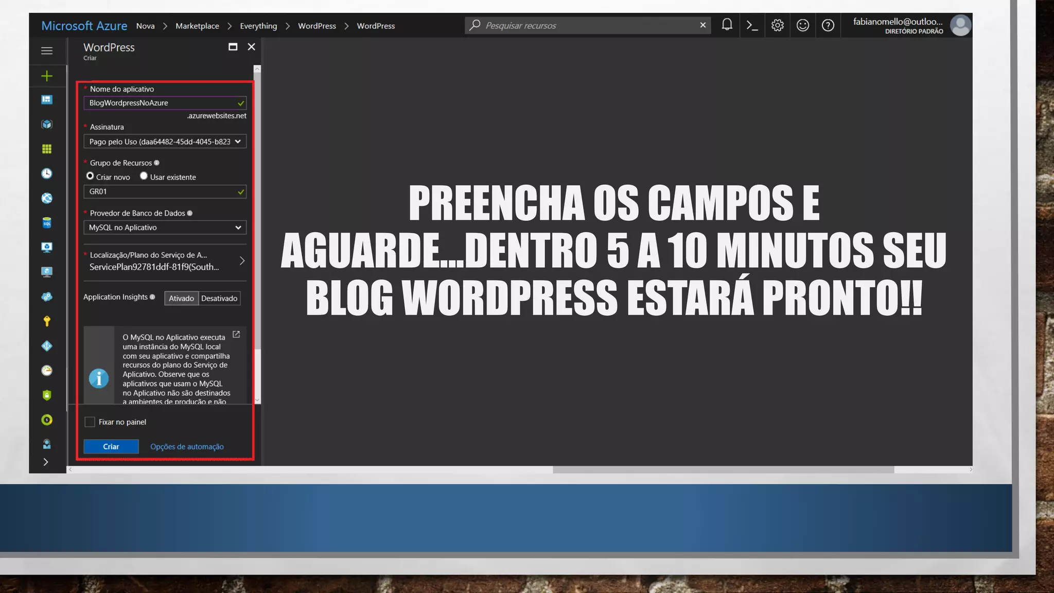 PREENCHA OS CAMPOS E
AGUARDE...DENTRO 5 A 10 MINUTOS SEU
BLOG WORDPRESS ESTARÁ PRONTO!!
 