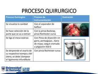 PROCESO QUIRURGICO
Proceso Quirúrgico Proceso de
Instrumentación
Ilustración
Se visualiza la cavidad Con el separador de
balfour
Se hace selección de la
parte que se va a extraer
Con la pinza Backcop,
pinza Rochester curva
Se liga el meso ovárico Con Pinza de disección sin
garra, portaagujas , tijera
de mayo, catgut cromado
o pliglactin 910 0
Se desprende el ovario de
su respectiva trompa y del
útero, se debe clampear
el ligamento infundíbulo
Con pinza Rochester curva
 