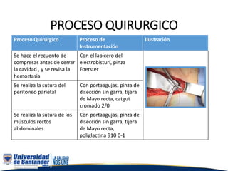 PROCESO QUIRURGICO
Proceso Quirúrgico Proceso de
Instrumentación
Ilustración
Se hace el recuento de
compresas antes de cerrar
la cavidad , y se revisa la
hemostasia
Con el lapicero del
electrobisturí, pinza
Foerster
Se realiza la sutura del
peritoneo parietal
Con portaagujas, pinza de
disección sin garra, tijera
de Mayo recta, catgut
cromado 2/0
Se realiza la sutura de los
músculos rectos
abdominales
Con portaagujas, pinza de
disección sin garra, tijera
de Mayo recta,
poliglactina 910 0-1
 