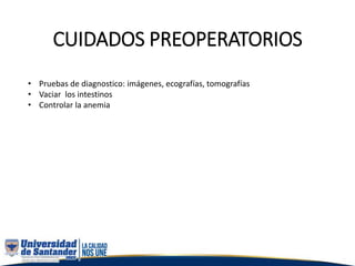 CUIDADOS PREOPERATORIOS
• Pruebas de diagnostico: imágenes, ecografías, tomografías
• Vaciar los intestinos
• Controlar la anemia
 
