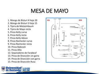 MESA DE MAYO
1. Mango de Bisturí 4 hoja 20
2. Mango de Bisturí 3 hoja 15
3. Tijera de Metzembaum
4. Tijera de Mayo recta
5. Pinza Kelly curva
6. Pinza Kelly recta
7. Pinza Kelly Adson
8. Pinza Rochester curva
9. Pinza Rochester recta
10. Pinza Babcock
11. Pinza Allix
12. Separadores de Farabeuf
13. Pinza de Disección sin garra
14. Pinza de Disección con garra
15. Pinza de Disección Rusa
 
