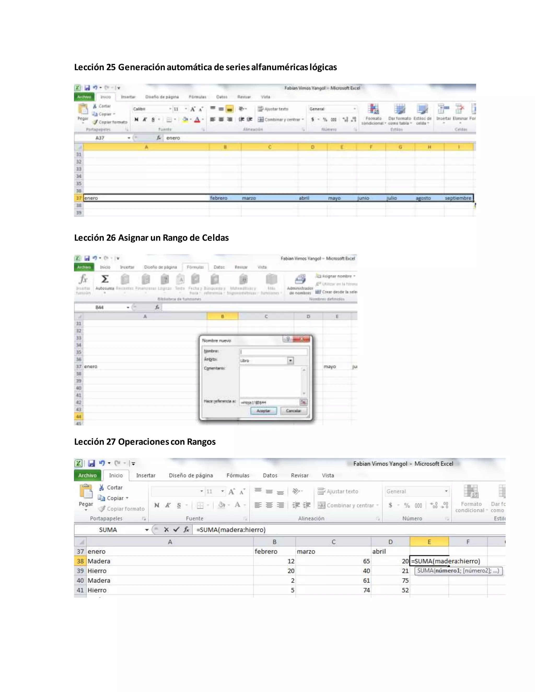 Lección 25 Generaciónautomática de seriesalfanuméricaslógicas
Lección 26 Asignar un Rango de Celdas
Lección 27 Operacionescon Rangos
 