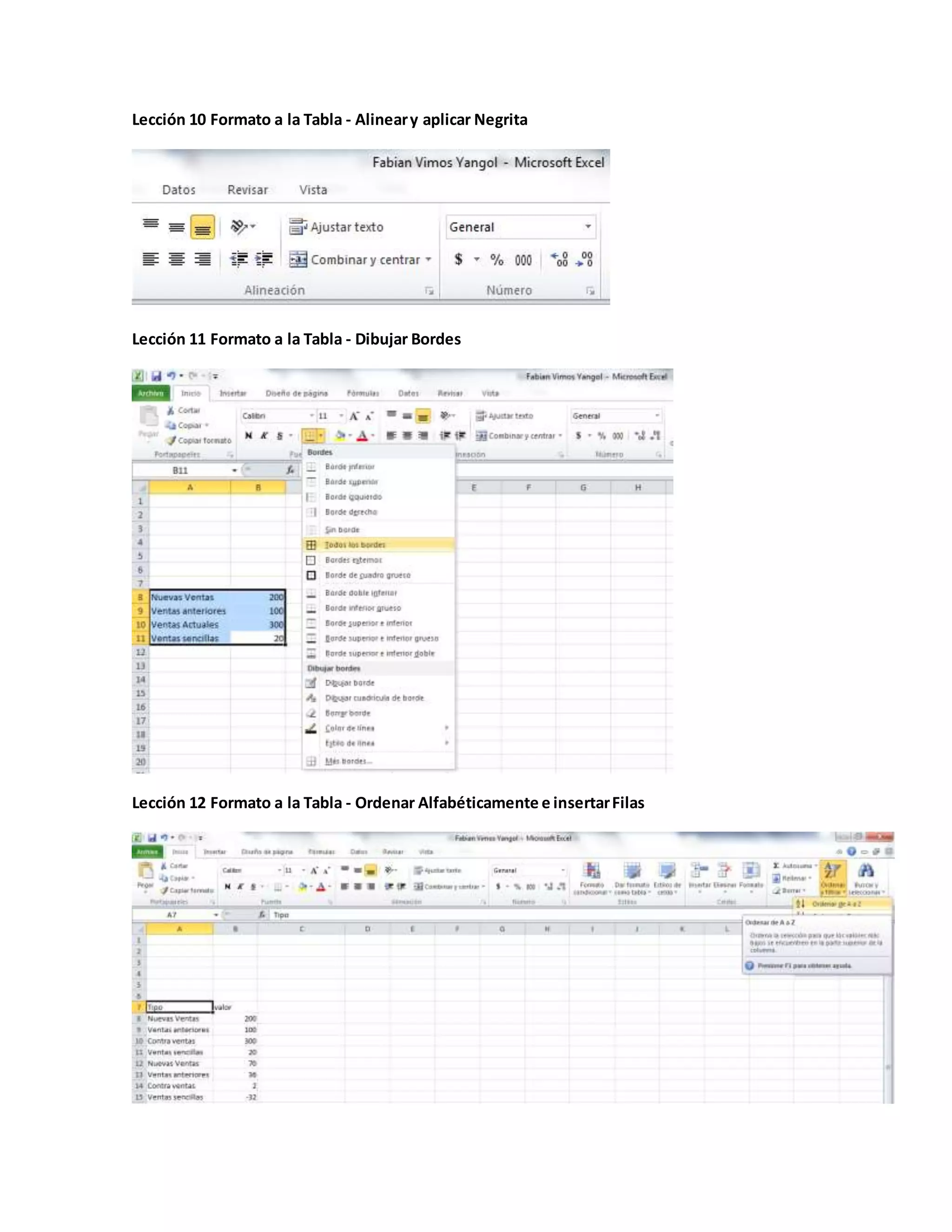 Lección 10 Formato a la Tabla - Alineary aplicar Negrita
Lección 11 Formato a la Tabla - Dibujar Bordes
Lección 12 Formato a la Tabla - Ordenar Alfabéticamente e insertarFilas
 