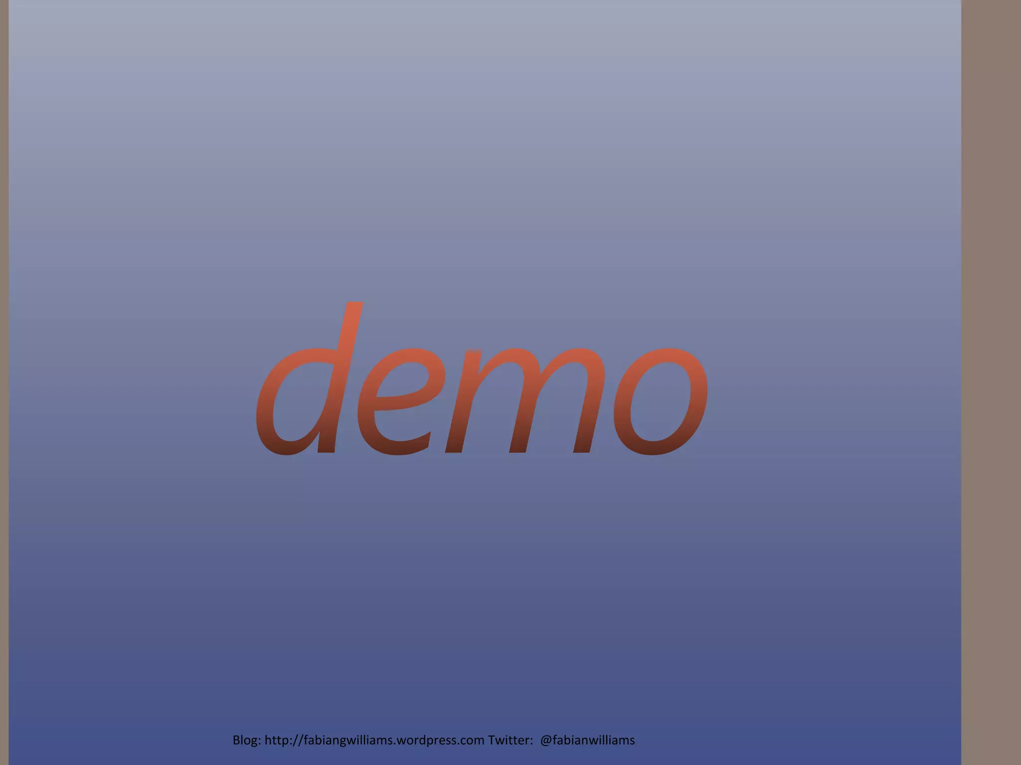 Investment AreasSharePoint User Interface not limited to browser only.  Extend from Server External List all the way to Rich ClientsPresentationEnd of Read-Only access to LOB Systems now you can CRUD your way through your LOB System Data? Good thing or not?ConnectivityIf you didn’t like SPD before get ready to Love it! Extend your VS 2010 solutions in SPD 2010 in the same DLL / Object SpaceToolingBlog: http://fabiangwilliams.wordpress.com Twitter:  @fabianwilliams