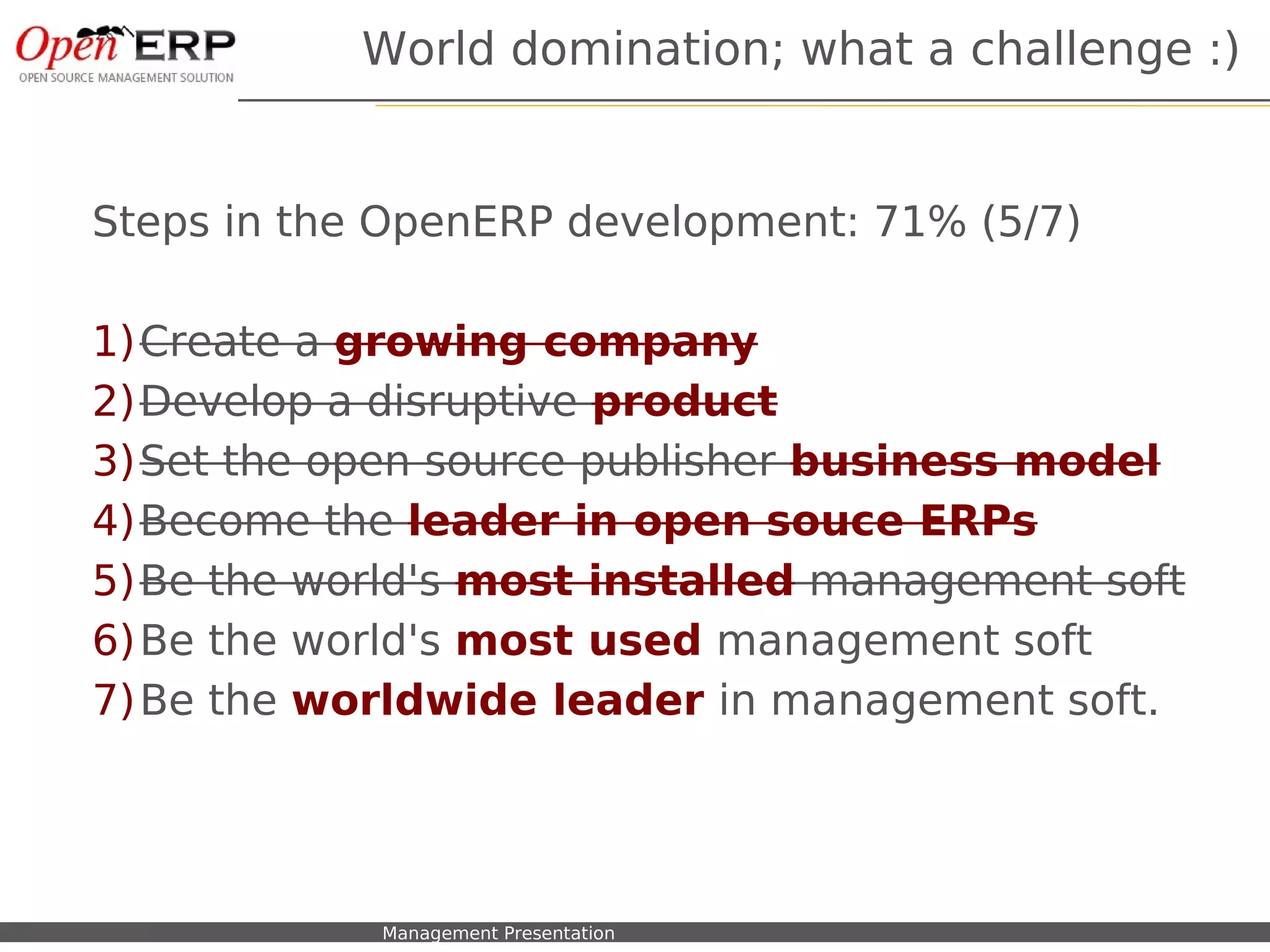 World domination; what a challenge :)


Steps in the OpenERP development: 71% (5/7)

1)Create a growing company
2)Develop a disruptive product
3)Set the open source publisher business model
4)Become the leader in open souce ERPs
5)Be the world's most installed management soft
6)Be the world's most used management soft
7)Be the worldwide leader in management soft.




Nom du fichier – à compléter   Management Presentation
 