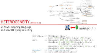 rr:objectMap
1
1
0-1
0-1
1
0-1
0-1
0-1
0-1
1
1
rr:GraphMaprr:graphMap
0-1
xrr:logicalSource
xrr:LogicalSource
xrr:query
Query String
rml:iterator Iteration pattern
rr:IRI, rr:BlankNode, rr:Literal,
xrr:RdfList, xrr:RdfBag,
xrr:RdfSeq, xrr:RdfAlt
reference expr.
xrr:nestedTermMap
xrr:NestedTermMap
rr:inverseExrpression
xrr:reference
reference expr.
reference expr.
rr:ObjectMap
HETEROGENEITY
xR2RML mapping language
and SPARQL query rewriting
[Michel et al.]
<AbstractQuery> ::= <AtomicQuery> | <Query> |
<Query> FILTER <SPARQL filter> | <Query> LIMIT <integer>
<Query> ::= <AbstractQuery> INNER JOIN <AbstractQuery> ON {v1, … vn} |
<AtomicQuery> AS child INNER JOIN <AtomicQuery> AS parent
ON child/<Ref> = parent/<Ref> |
<AbstractQuery> LEFT OUTER JOIN <AbstractQuery> ON {v1, … vn} |
<AbstractQuery> UNION <AbstractQuery>
<AtomicQuery> ::= {From, Project, Where, Limit}
<Ref> ::= a valid xR2RML data element reference
 