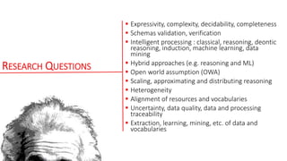 RESEARCH QUESTIONS
 Expressivity, complexity, decidability, completeness
 Schemas validation, verification
 Intelligent processing : classical, reasoning, deontic
reasoning, induction, machine learning, data
mining
 Hybrid approaches (e.g. reasoning and ML)
 Open world assumption (OWA)
 Scaling, approximating and distributing reasoning
 Heterogeneity
 Alignment of resources and vocabularies
 Uncertainty, data quality, data and processing
traceability
 Extraction, learning, mining, etc. of data and
vocabularies
 