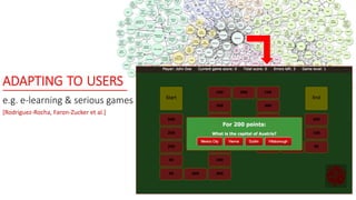 ADAPTING TO USERS
e.g. e-learning & serious games
[Rodriguez-Rocha, Faron-Zucker et al.]
 