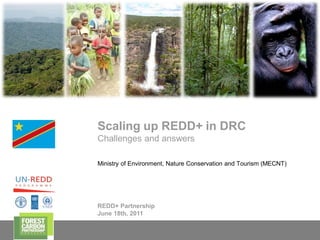 Scaling up REDD+ in DRC
    Challenges and answers

    Ministry of Environment, Nature Conservation and Tourism (MECNT)




    REDD+ Partnership
    June 18th, 2011

1
 