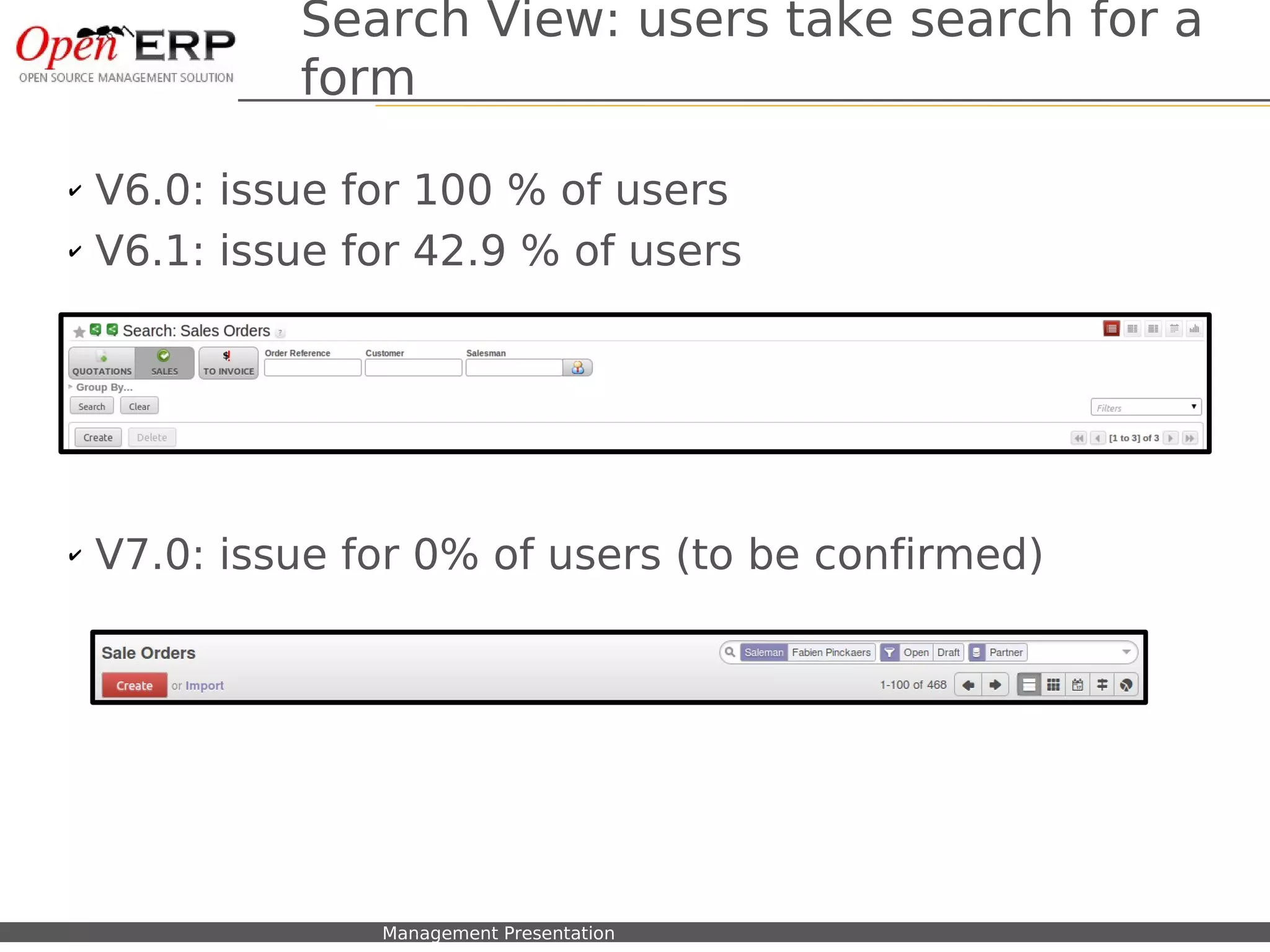 Search View: users take search for a
                          form

✔   V6.0: issue for 100 % of users
✔   V6.1: issue for 42.9 % of users




✔   V7.0: issue for 0% of users (to be confirmed)




    Nom du fichier – à compléter   Management Presentation
 