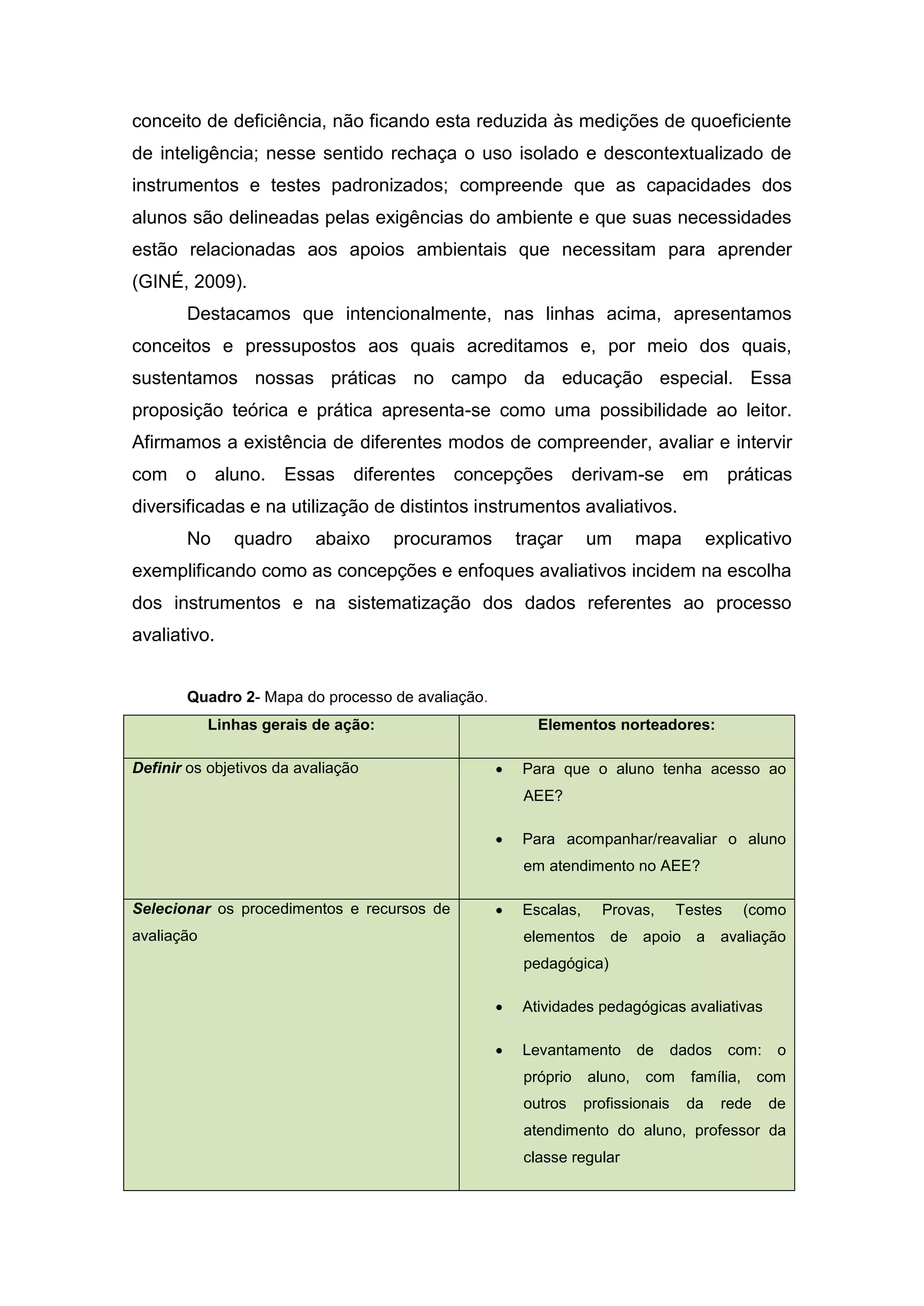 conceito de deficiência, não ficando esta reduzida às medições de quoeficiente
de inteligência; nesse sentido rechaça o uso isolado e descontextualizado de
instrumentos e testes padronizados; compreende que as capacidades dos
alunos são delineadas pelas exigências do ambiente e que suas necessidades
estão relacionadas aos apoios ambientais que necessitam para aprender
(GINÉ, 2009).
Destacamos que intencionalmente, nas linhas acima, apresentamos
conceitos e pressupostos aos quais acreditamos e, por meio dos quais,
sustentamos nossas práticas no campo da educação especial. Essa
proposição teórica e prática apresenta-se como uma possibilidade ao leitor.
Afirmamos a existência de diferentes modos de compreender, avaliar e intervir
com o aluno. Essas diferentes concepções derivam-se em práticas
diversificadas e na utilização de distintos instrumentos avaliativos.
No quadro abaixo procuramos traçar um mapa explicativo
exemplificando como as concepções e enfoques avaliativos incidem na escolha
dos instrumentos e na sistematização dos dados referentes ao processo
avaliativo.
Quadro 2- Mapa do processo de avaliação.
Linhas gerais de ação: Elementos norteadores:
Definir os objetivos da avaliação  Para que o aluno tenha acesso ao
AEE?
 Para acompanhar/reavaliar o aluno
em atendimento no AEE?
Selecionar os procedimentos e recursos de
avaliação
 Escalas, Provas, Testes (como
elementos de apoio a avaliação
pedagógica)
 Atividades pedagógicas avaliativas
 Levantamento de dados com: o
próprio aluno, com família, com
outros profissionais da rede de
atendimento do aluno, professor da
classe regular
 