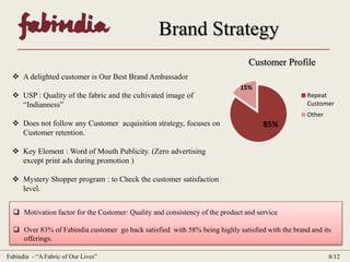 Brand Strategy 
Customer Profile 
Repeat 
Customer 
Other 
85% 
15% 
 A delighted customer is Our Best Brand Ambassador 
 USP : Quality of the fabric and the cultivated image of 
“Indianness” 
 Does not follow any Customer acquisition strategy, focuses on 
Customer retention. 
 Key Element : Word of Mouth Publicity. (Zero advertising 
except print ads during promotion ) 
 Mystery Shopper program : to Check the customer satisfaction 
level. 
 Motivation factor for the Customer: Quality and consistency of the product and service 
 Over 83% of Fabindia customer go back satisfied with 58% being highly satisfied with the brand and its 
offerings. 
Fabindia - “A Fabric of Our Lives” 8/12 
 