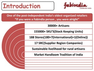Introduction
One of the post-independent India’s oldest organized retailers
“If you were a Fabindia person , you were alright”
30000+ Artisans
155000+ SKU’S(Stock Keeping Units)
188 Stores(180+7(International)+1(Online))
17 SRC(Supplier Region Companies)
Sustainable livelihood for rural artisans
Market Handloom Tradition of India
 
