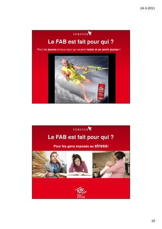 24-3-2011
10
Pour les jeunes et tous ceux qui veulent rester et se sentir jeunes !
Le FAB est fait pour qui ?
Pour les gens exposés au stress!
Le FAB est fait pour qui ?
 